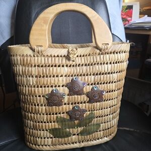 Handcrafted Straw Tote Bag with Wooden Handles